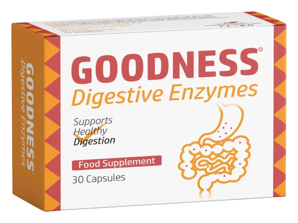 Goodness Digestive Enzymes box, 30 capsules